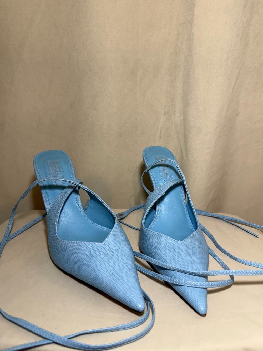 Pointed Lace-Up Women’s Mules in Light Blue